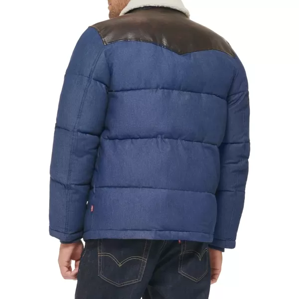 Levis Mens Out West Mixed Media Puffer JacketFaded Blue Denim Puffer