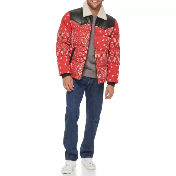 Levis Mens Out West Mixed Media Puffer JacketRed Bandana Print Puffer