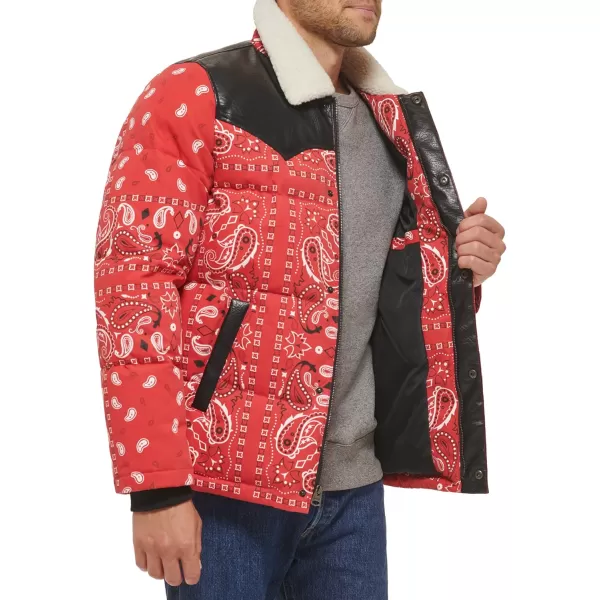 Levis Mens Out West Mixed Media Puffer JacketRed Bandana Print Puffer