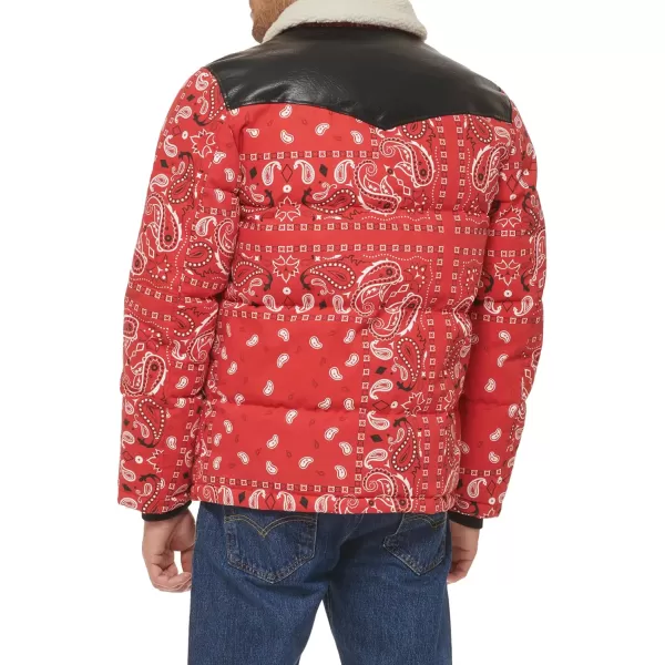 Levis Mens Out West Mixed Media Puffer JacketRed Bandana Print Puffer