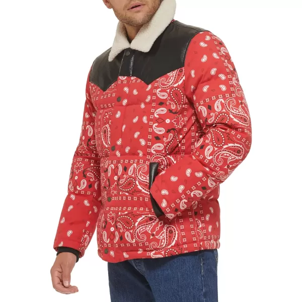 Levis Mens Out West Mixed Media Puffer JacketRed Bandana Print Puffer