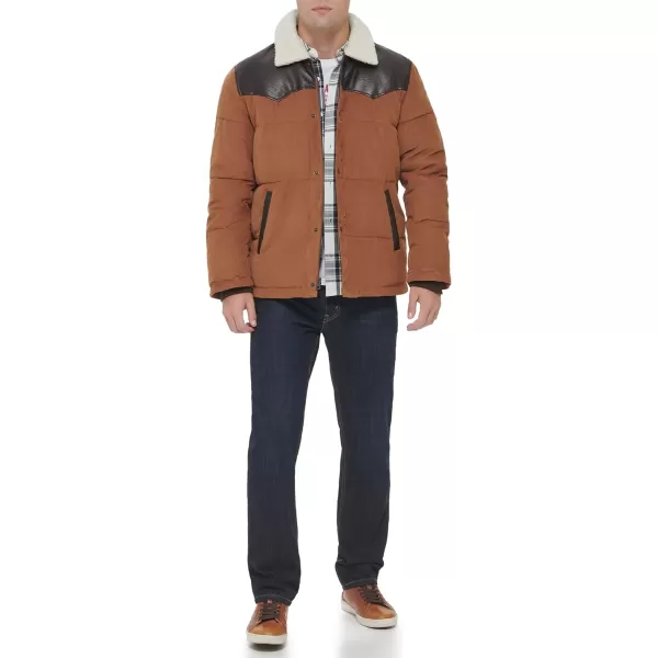 Levis Mens Out West Mixed Media Puffer JacketWorker Brown Puffer