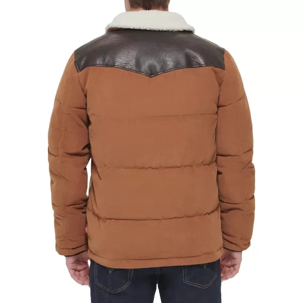 Levis Mens Out West Mixed Media Puffer JacketWorker Brown Puffer