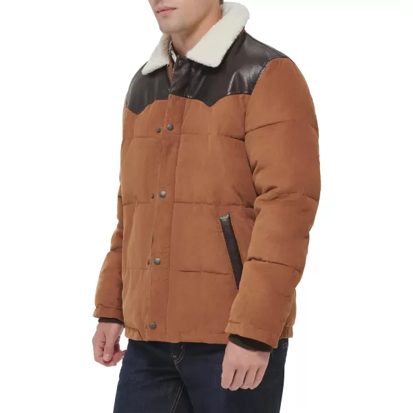 Levis Mens Out West Mixed Media Puffer JacketWorker Brown Puffer