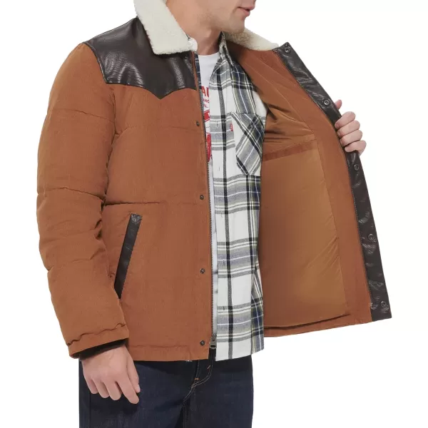 Levis Mens Out West Mixed Media Puffer JacketWorker Brown Puffer