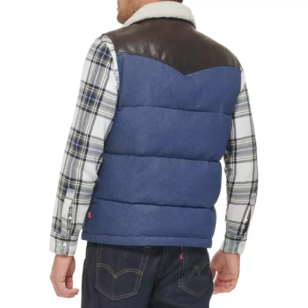 Levis Mens Out West Mixed Media Puffer VestFaded Blue Denim