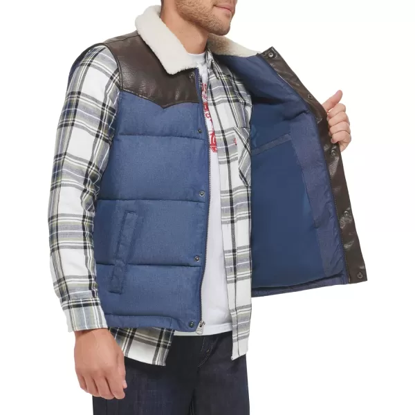 Levis Mens Out West Mixed Media Puffer VestFaded Blue Denim