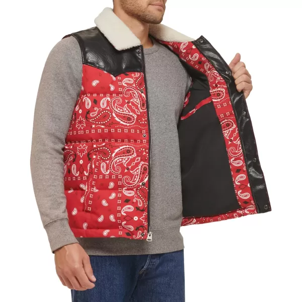 Levis Mens Out West Mixed Media Puffer VestRed Bandana Print