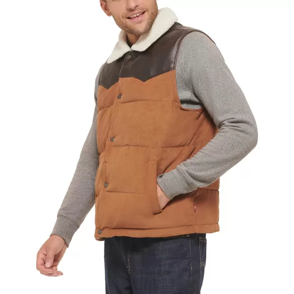 Levis Mens Out West Mixed Media Puffer VestWorker Brown