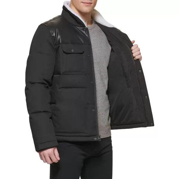 Levis Mens Quilted Mixed Media Shirttail Work Wear Puffer JacketBlackFaux Leather