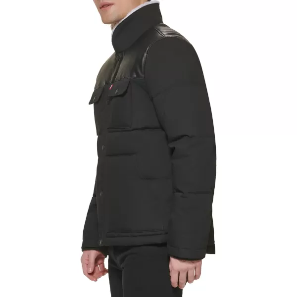 Levis Mens Quilted Mixed Media Shirttail Work Wear Puffer JacketBlackFaux Leather