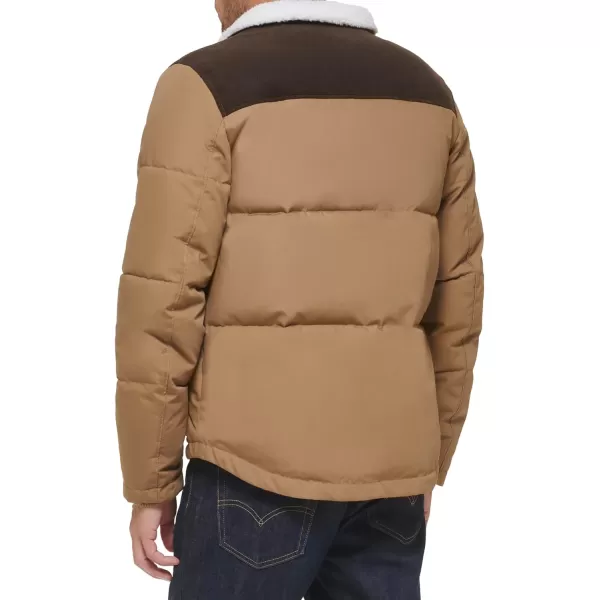 Levis Mens Quilted Mixed Media Shirttail Work Wear Puffer JacketNew TanDark Brown