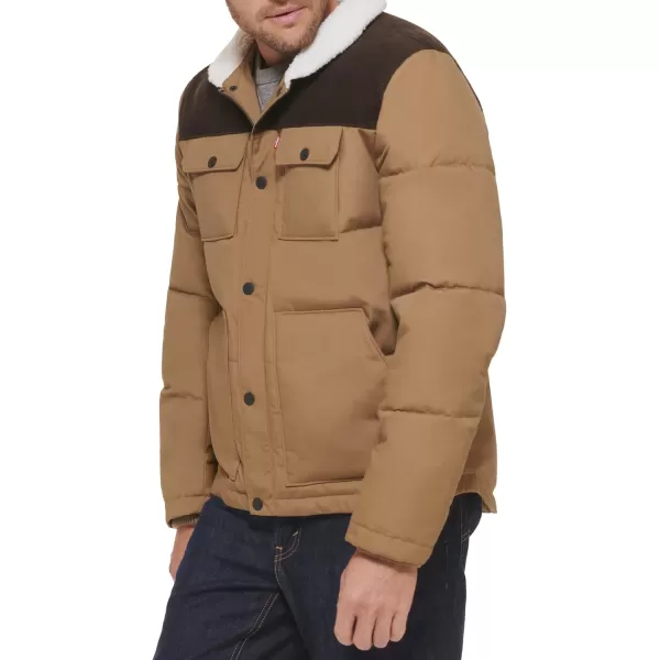 Levis Mens Quilted Mixed Media Shirttail Work Wear Puffer JacketNew TanDark Brown