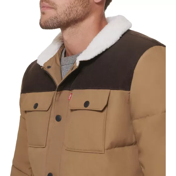 Levis Mens Quilted Mixed Media Shirttail Work Wear Puffer JacketNew TanDark Brown