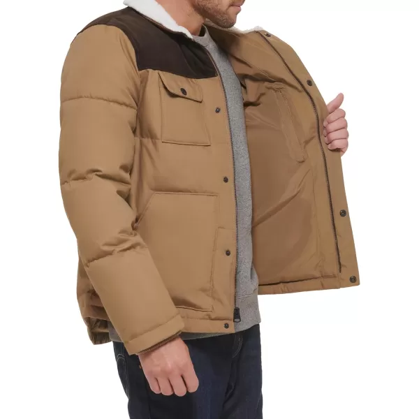 Levis Mens Quilted Mixed Media Shirttail Work Wear Puffer JacketNew TanDark Brown