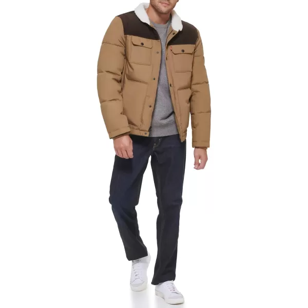 Levis Mens Quilted Mixed Media Shirttail Work Wear Puffer JacketNew TanDark Brown