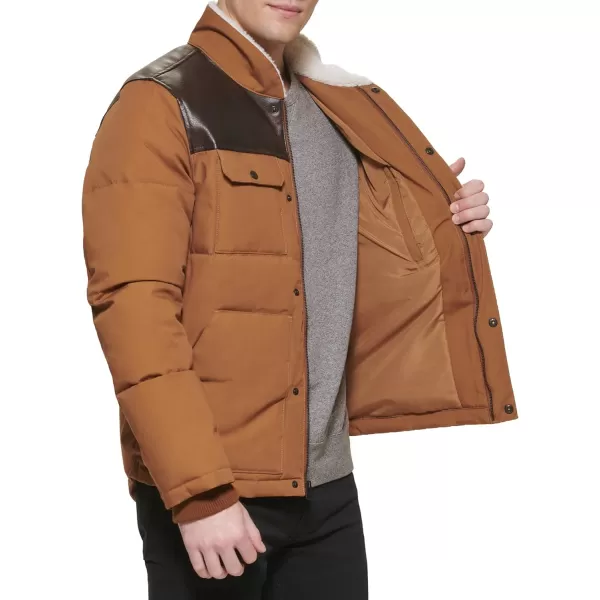 Levis Mens Quilted Mixed Media Shirttail Work Wear Puffer JacketWorker BrownFaux Leather