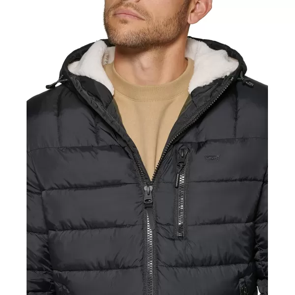 Levis Mens Quilted Puffer with Sherpa Lined HoodBlack