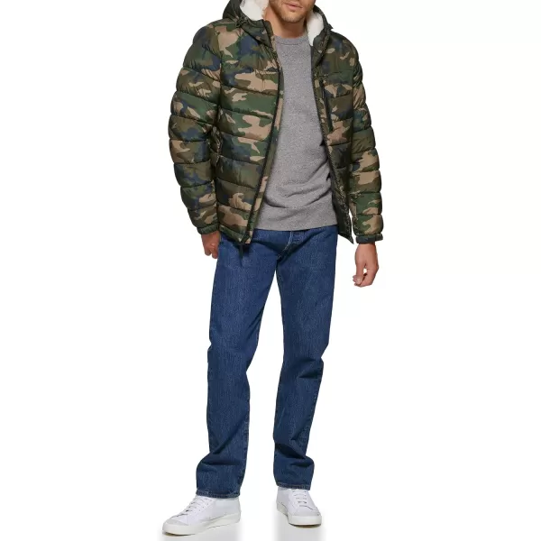 Levis Mens Quilted Puffer with Sherpa Lined HoodCamouflage