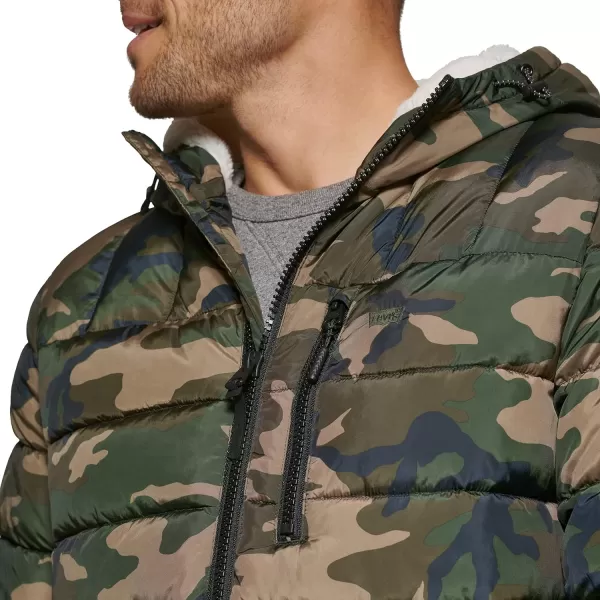 Levis Mens Quilted Puffer with Sherpa Lined HoodCamouflage