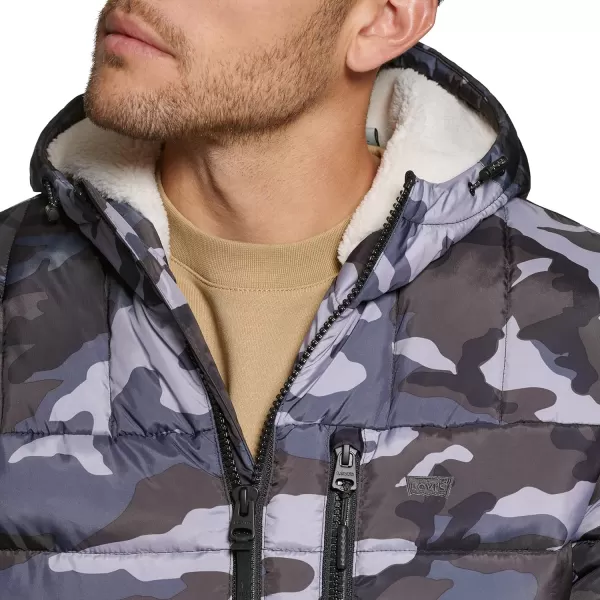 Levis Mens Quilted Puffer with Sherpa Lined HoodGrey Camouflage