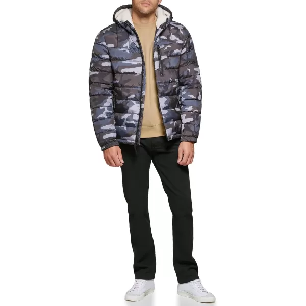 Levis Mens Quilted Puffer with Sherpa Lined HoodGrey Camouflage