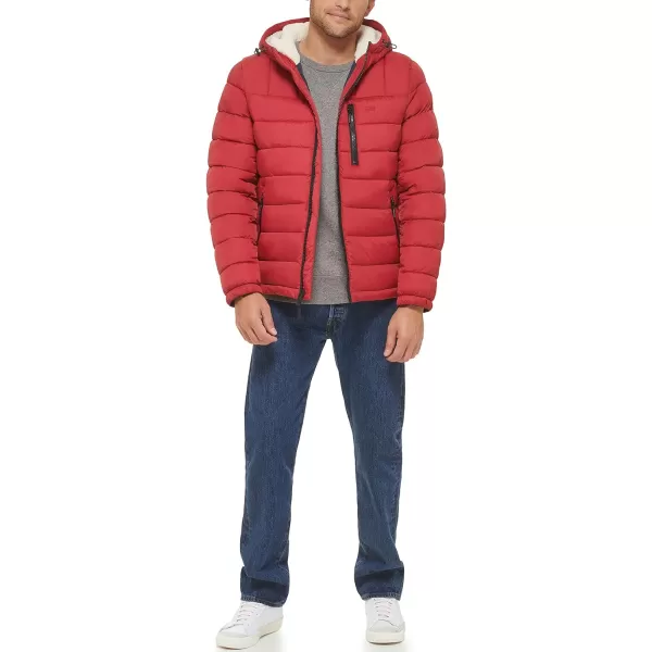 Levis Mens Quilted Puffer with Sherpa Lined HoodRed