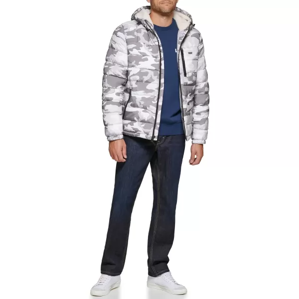 Levis Mens Quilted Puffer with Sherpa Lined HoodWhite Camouflage