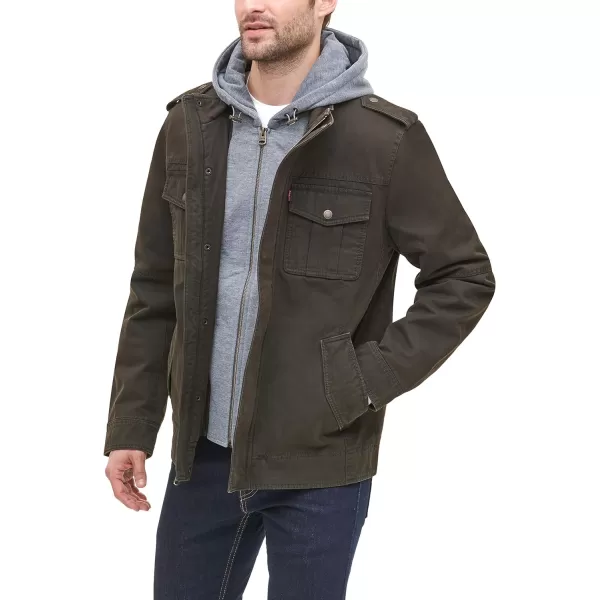 Levis Mens Washed Cotton Hooded Military Jacket Regular amp Big amp Tall SizesDark Brown Quilted