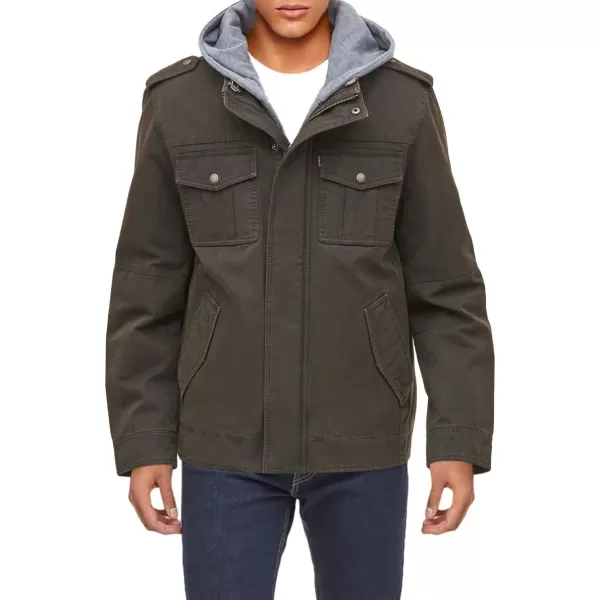 Levis Mens Washed Cotton Hooded Military Jacket Regular amp Big amp Tall SizesDark Brown Sherpa