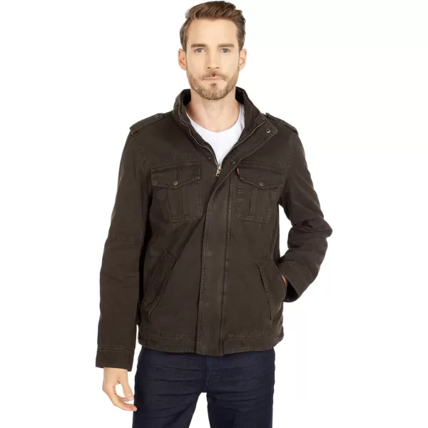 Levis Mens Washed Cotton Hooded Military Jacket Regular amp Big amp Tall SizesDark Brown Sherpa