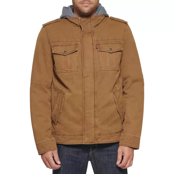 Levis Mens Washed Cotton Hooded Military Jacket Regular amp Big amp Tall SizesWorker Brown Sherpa