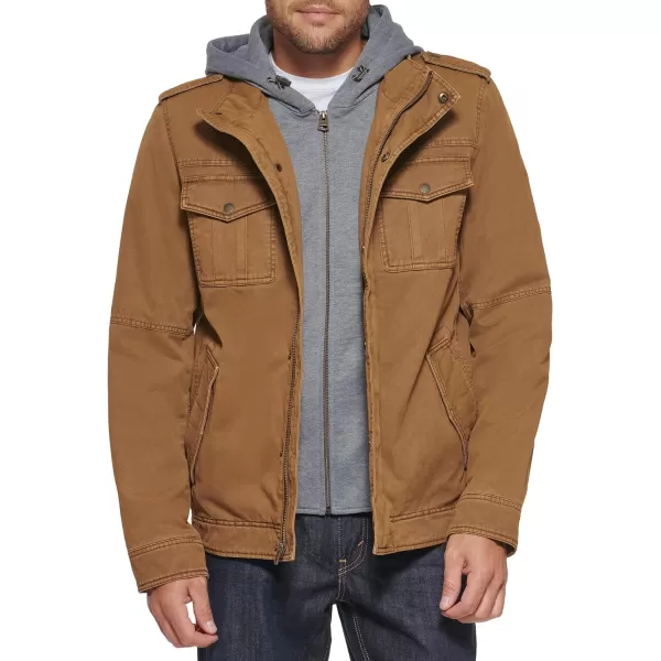 Levis Mens Washed Cotton Hooded Military Jacket Regular amp Big amp Tall SizesWorker Brown Sherpa