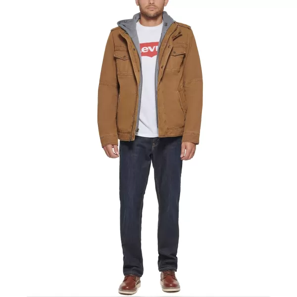 Levis Mens Washed Cotton Hooded Military Jacket Regular amp Big amp Tall SizesWorker Brown Sherpa