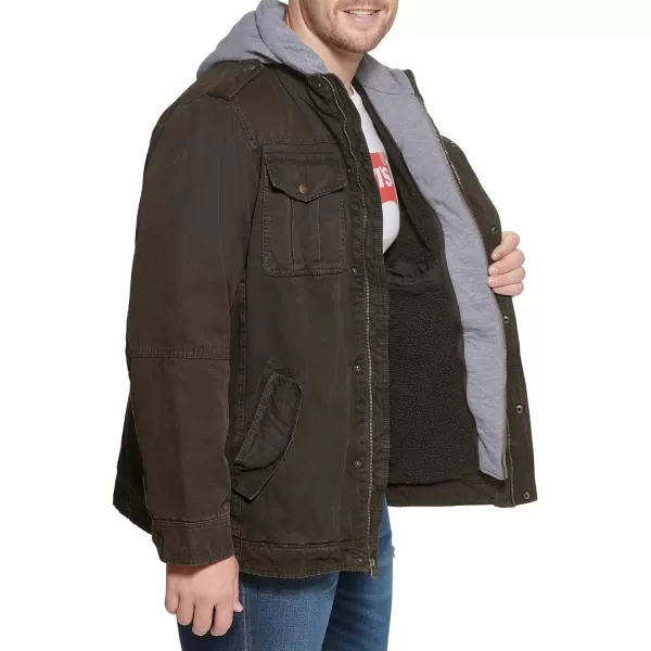 Levis Mens Washed Cotton Hooded Military JacketDark Brown