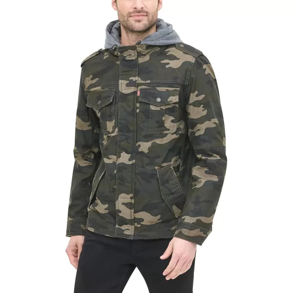 Levis Mens Washed Cotton Hooded Military JacketGreen Camouflage