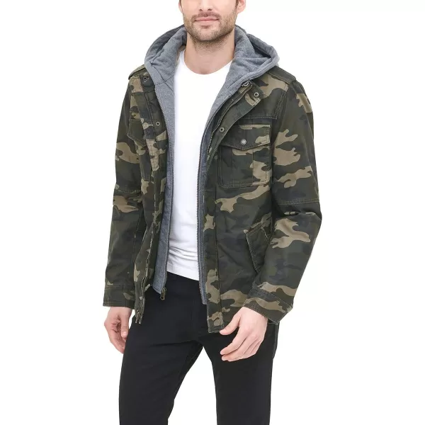 Levis Mens Washed Cotton Hooded Military JacketGreen Camouflage