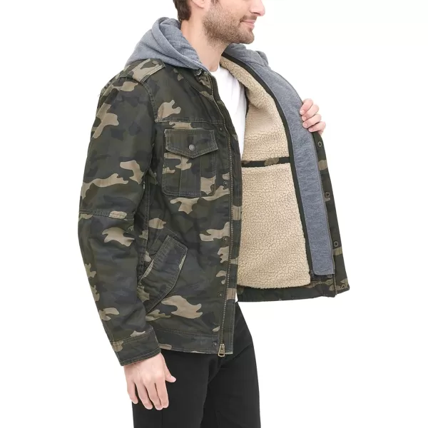 Levis Mens Washed Cotton Hooded Military JacketGreen Camouflage