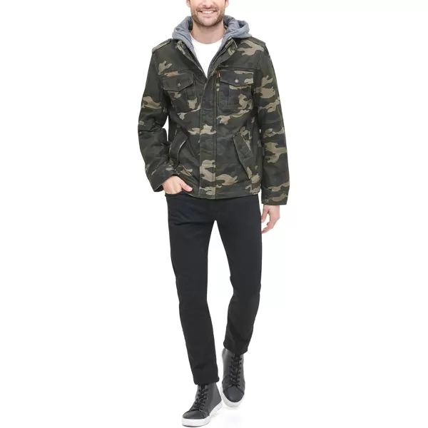 Levis Mens Washed Cotton Hooded Military JacketGreen Camouflage