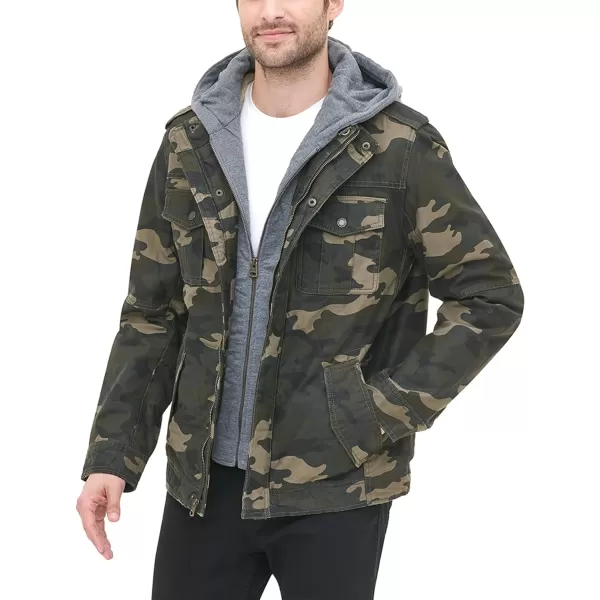 Levis Mens Washed Cotton Hooded Military JacketGreen Camouflage