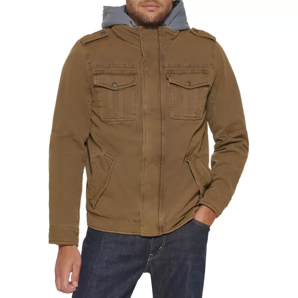 Levis Mens Washed Cotton Hooded Military JacketKhaki