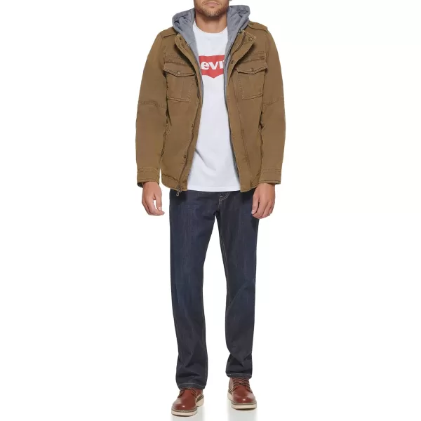 Levis Mens Washed Cotton Hooded Military JacketKhaki