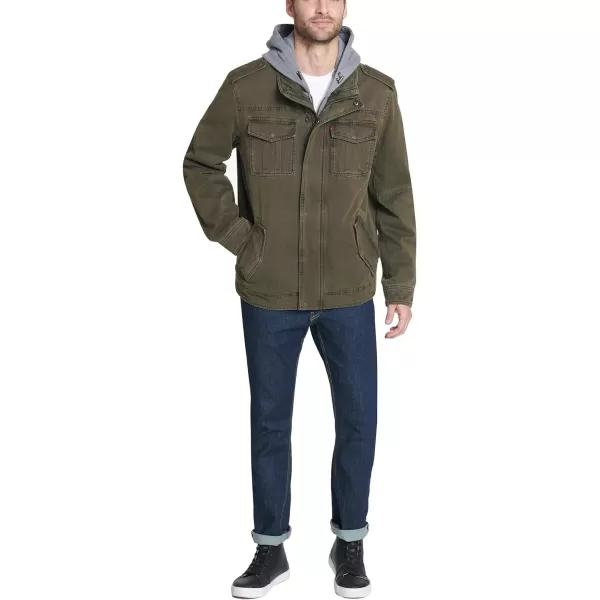 Levis Mens Washed Cotton Hooded Military JacketWashed Olive