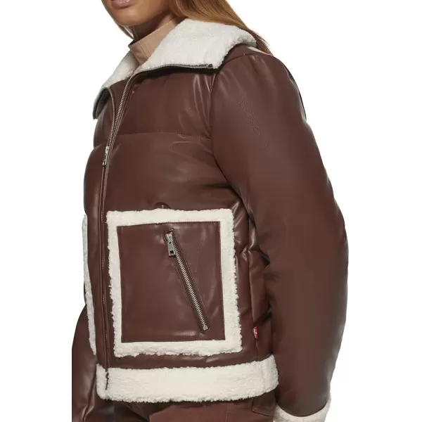 Levis Womens Breanna Puffer Jacket Standard and Plus SizesBrown Faux Leather Sherpa Pocket