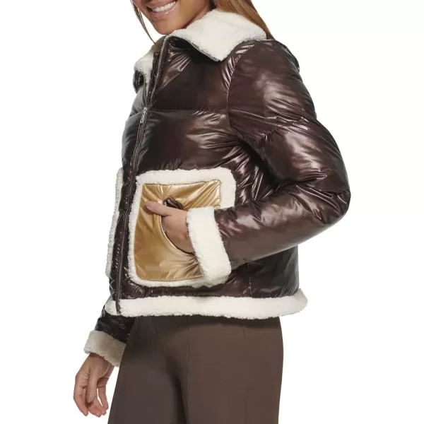 Levis Womens Breanna Puffer Jacket Standard and Plus SizesPearlized Brown Sherpa Pocket