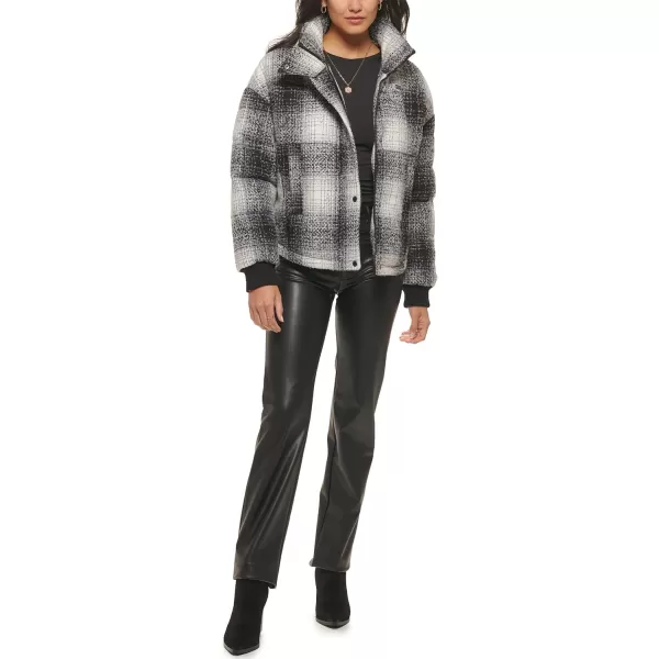 Levis Womens Cinch Waist Puffer JacketBlackWhite Ombre Wool Plaid