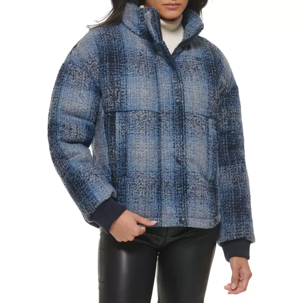 Levis Womens Cinch Waist Puffer JacketBlue Ombre Wool Plaid