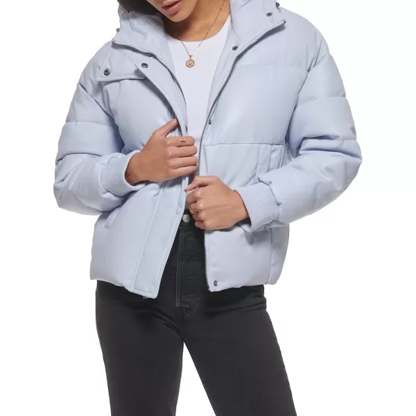 Levis Womens Cinch Waist Puffer JacketLight Blue Faux Leather With Hood