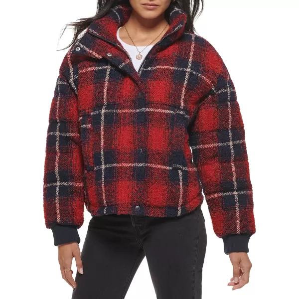 Levis Womens Cinch Waist Puffer JacketRedNavy Ombre Wool Plaid