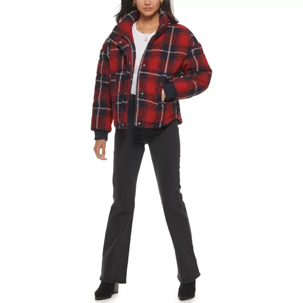 Levis Womens Cinch Waist Puffer JacketRedNavy Ombre Wool Plaid